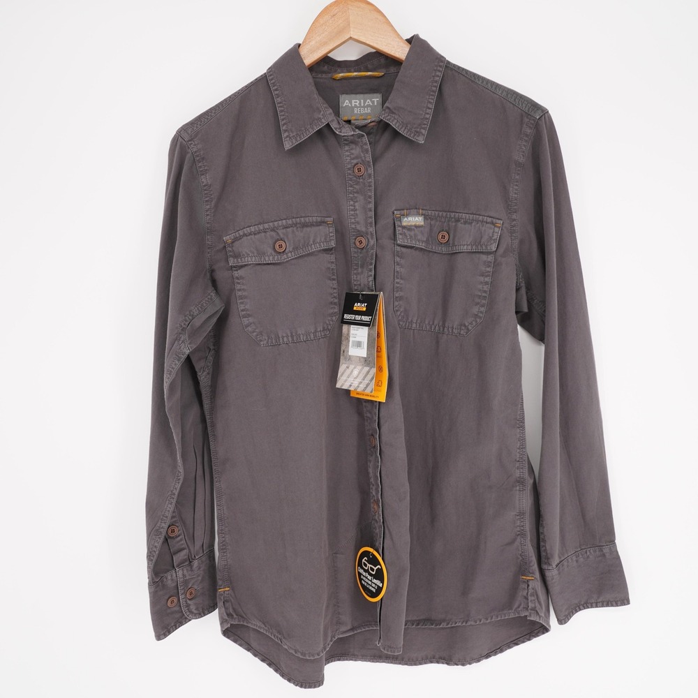Ariat Rebar Shirt Womens M Gray Washed Twill Button Up Long Sleeve Workwear